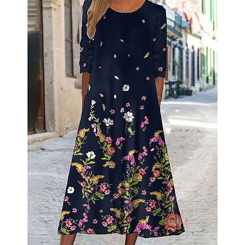 

Women's Casual Dress Midi Dress Green Wine Dark Green Long Sleeve Graphic Print Winter Fall Spring Crew Neck Fashion Daily Weekend 2022 S M L XL XXL 3XL