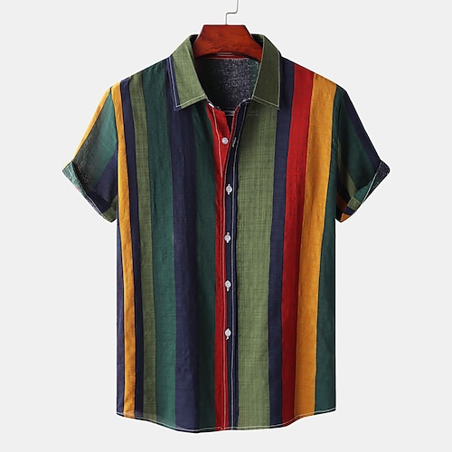 

Men's Shirt Striped Collar Street Daily Button-Down Short Sleeve Tops Cotton Casual Hawaiian Comfortable Green