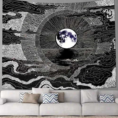 

Black White Moon Wall Tapestry Art Decor Blanket Curtain Hanging Home Bedroom Living Room Decoration Polyester