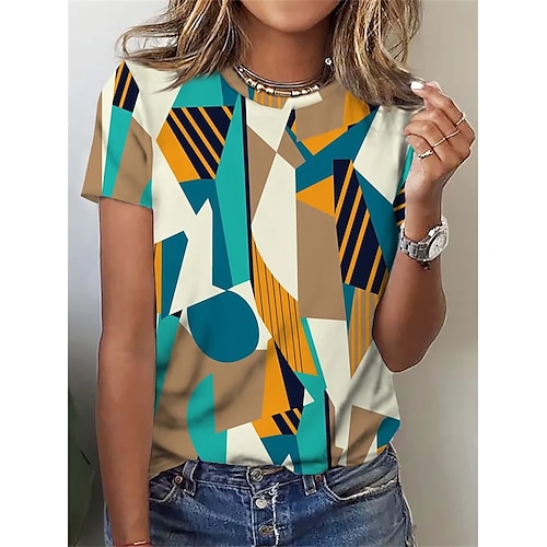 

Women's T shirt Tee Blue Geometric Print Short Sleeve Casual Daily Basic Round Neck Regular Geometric S