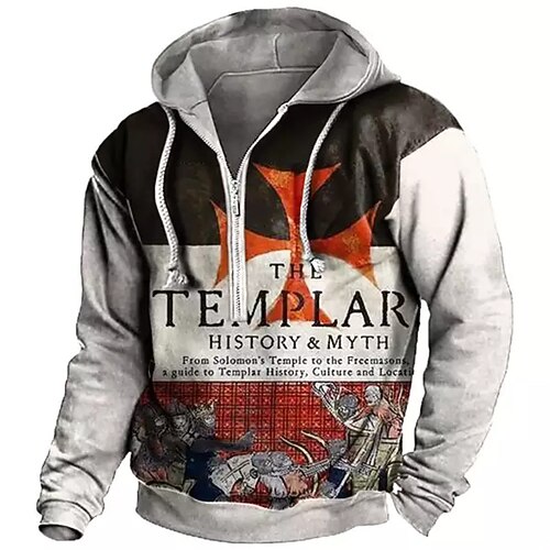 

Men's Zip Up Hoodies Pullover Gray Hooded Graphic Prints Half Zip Front Pocket Daily Holiday Going out 3D Print Basic Designer Casual Spring Fall Clothing Apparel Knight Hoodies Sweatshirts