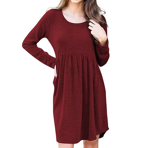 

Women's Casual Dress T Shirt Dress Tee Dress Mini Dress claret Black White Long Sleeve Pure Color Ruched Winter Fall Spring Crew Neck Classic Daily Weekend 2023 S M L XL 2XL