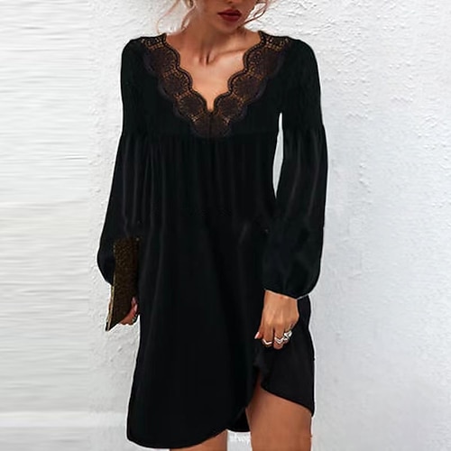 

Women's Lace Dress Work Dress Black Dress Mini Dress Black Long Sleeve Pure Color Lace Winter Fall Spring V Neck Fashion Office Date 2023 S M L XL XXL 3XL