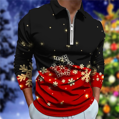 

Men's Collar Polo Shirt Golf Shirt Graphic Prints Snowflake Turndown Black 3D Print Christmas Street Long Sleeve Zipper Print Clothing Apparel Fashion Designer Casual Breathable