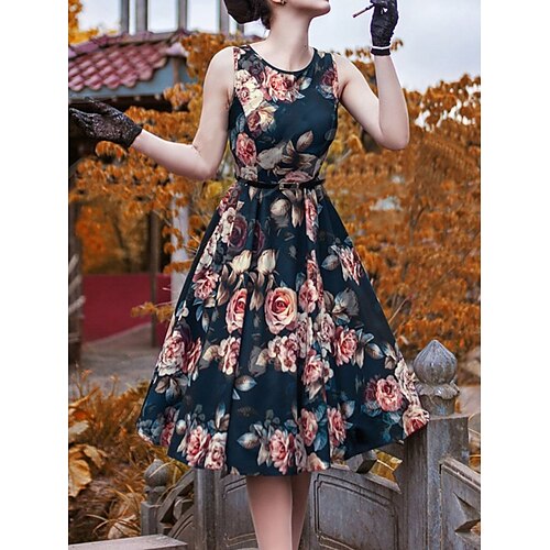 

vestido de trabajo de mujer vestido oscilante vestido floral vestido midi blanco rojo azul marino sin mangas estampado de flores invierno otoño primavera cuello redondo moda oficina diario 2023