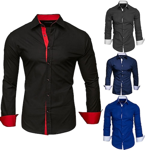 

Men's Dress Shirt Button Up Shirt Collared Shirt Plain Solid Colored Collar Classic Collar Black White Red Navy Blue Royal Blue Wedding Work Long Sleeve Patchwork Clothing Apparel Cotton Basic