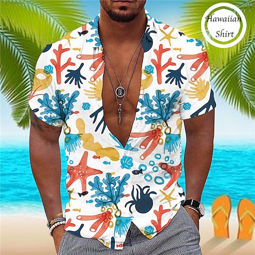 

Men's Shirt Summer Hawaiian Shirt Graphic Prints Starfish Turndown Yellow Blue Street Casual Short Sleeves Button-Down Print Clothing Apparel Tropical Fashion Hawaiian Designer