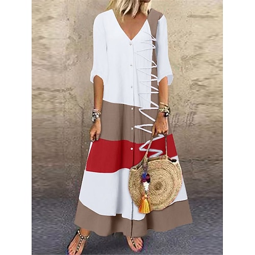 

Women's Long Dress Maxi Dress Casual Dress Shift Dress Color Block Striped Casual Daily Date Going out Button Print 3/4 Length Sleeve V Neck Dress Loose Fit White Red Khaki Fall S M L XL XXL