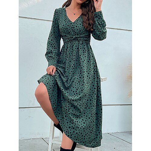 

Women's Casual Sweater Dress Swing Sweater Dress Midi Sweater Dress Dark Green Long Sleeve Leopard Print Summer Spring V Neck Fashion 2023 S M L XL