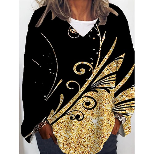 

Women's Plus Size Tops T shirt Tee Floral Color Gradient Print Long Sleeve V Neck Casual Daily Going out Polyester Winter Fall Black And White Black