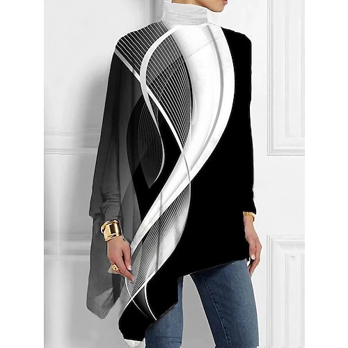 

Women's Plus Size Shirt Blouse Butterfly Star Casual Silver Black White Print Asymmetric Long Sleeve Basic Turtleneck High Neck Regular Fit Spring Fall