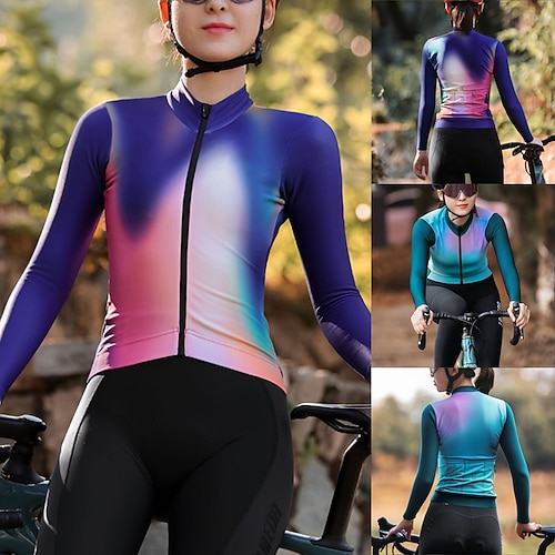 

21Grams Women's Cycling Jersey Long Sleeve Bike Jersey Top with 3 Rear Pockets Mountain Bike MTB Road Bike Cycling Breathable Quick Dry Moisture Wicking Reflective Strips Green Purple Gradient Spandex