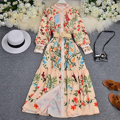 

Women's Swing Dress Vintage Dress Long Dress Maxi Dress Pink Long Sleeve Floral Print Winter Fall Spring Stand Collar Fashion Daily 2023 Style M L XL