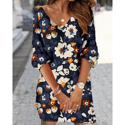 

Women's Sweatshirt Dress Shift Dress Mini Dress Blue Green 3/4 Length Sleeve Graphic Print Winter Fall Spring V Neck Fashion Vacation Weekend 2022 S M L XL 2XL 3XL