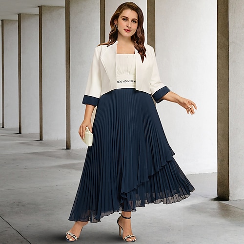 

Todelt A-linje Plus Size Curve Mother of the Bride kjoler Farveblok Kjole Formel Ankellængde Uden ærmer Firkantet hals Chiffon med Plissé Krystaldetaljering 2023