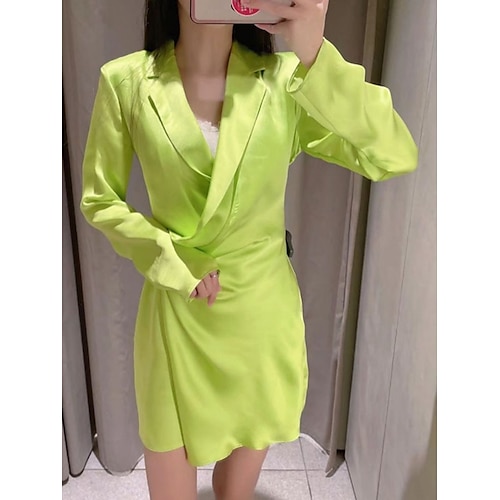 

Women's Work Dress Shift Dress Wrap Dress Mini Dress White Yellow Long Sleeve Pure Color Ruched Winter Fall Spring Shirt Collar Fashion Office Fall Dress Spring Dress 2022 S M L XL 2XL 3XL
