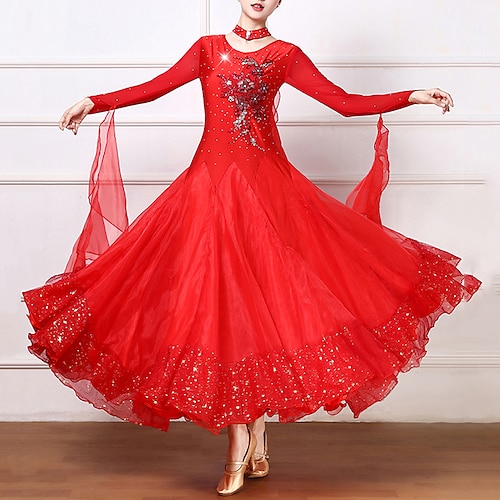 

Ballroom-dans Kjole Broderi Tvinning Krystall / Rhinestone Dame Ytelse Trening Langermet Netting Spandex Organza