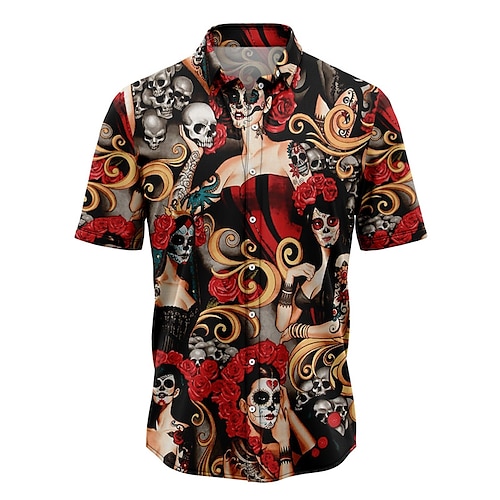 

Men's Shirt Summer Hawaiian Shirt Skull Graphic Prints Hula Girls Turndown Red Street Casual Short Sleeves Button-Down Print Clothing Apparel Tropical Fashion Hawaiian Designer