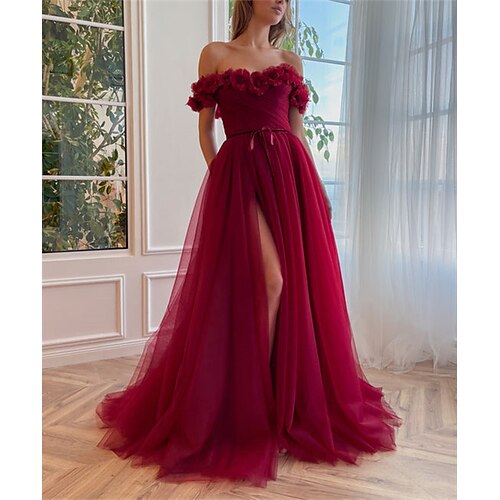 

Linea-A Abiti da ballo Florale Vestito Invitati del matrimonio Strascico a terra Manica corta Senza spalline Tulle con Fessura A fascia 2023