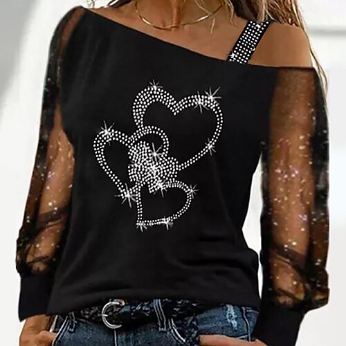 

Women's Shirt Blouse Black Heart Sequins Mesh Long Sleeve Casual Basic Off Shoulder Regular S