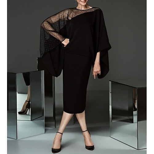 

A tubino Abito da cerimonia per signora Elegante Con decorazione gioiello Lunghezza tè Chiffon Di pizzo Manica lunga con Tinta unita 2023