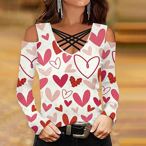 

Women's Shirt Blouse Black White Yellow Heart Print Long Sleeve Casual Basic V Neck Regular S