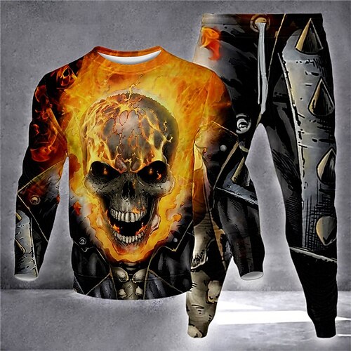 

Herren Trainingsanzug Jogginganzug Hoodies Set Rosa Blau Orange Grün Rundhalsausschnitt Graphic Totenkopf Motiv Flamme 2 Teile Bedruckt Sport Natur Casual Sport 3D-Druck Basic Strassenmode