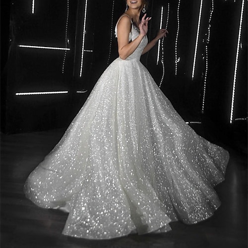 

Da ballo Abiti da ballo luccicante Vestito Ricevimento di matrimonio Strascico di corte Senza maniche Con bretelline Tulle con Lustrini 2023