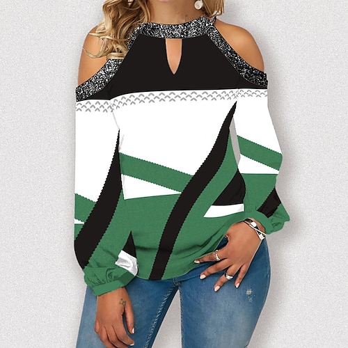 

Mujer Camisa Blusa Negro Amarillo Verde Claro Geométrico Cortado Estampado Manga Larga Casual Básico Escote Redondo Regular Geométrico adj. S