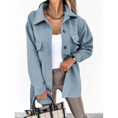 

Mulheres Camisa Social Blusa Azul Claro Preto Branco Tecido Botão Bolsos Manga Longa Casual Básico Colarinho de Camisa Padrão S