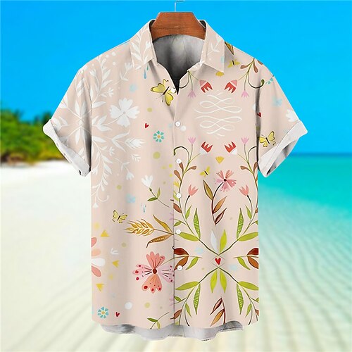 

Men's Shirt Summer Hawaiian Shirt Floral Graphic Prints Turndown Pink Blue Street Casual Short Sleeves Button-Down Print Clothing Apparel Tropical Fashion Hawaiian Designer