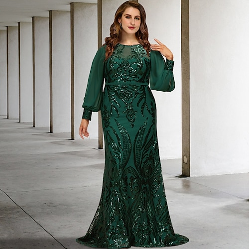 

Havfrue Plus Size Curve Mother of the Bride-kjoler Elegant Kjole Formell Sweep / Børste train Langermet Besmykket Chiffon med Paljett 2023