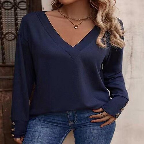 

Women's T shirt Tee Sea Blue Plain Long Sleeve Daily Weekend Basic V Neck Regular S