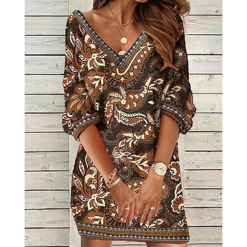 

Women's Sweatshirt Dress Shift Dress Mini Dress Black And White Green Dark Blue 3/4 Length Sleeve Graphic Print Winter Fall Spring V Neck Fashion Vacation Weekend 2022 S M L XL 2XL 3XL