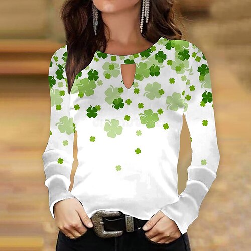 

Dame T-shirt Grøn Hvid Lysegrøn Blad St. Patrick's dag Trykt mønster Langærmet Ferie Weekend Basale Rund hals Normal Blomster Tema Maleri S