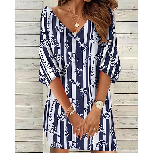 

Women's Sweatshirt Dress Shift Dress Mini Dress Black And White Green Blue 3/4 Length Sleeve Graphic Print Winter Fall Spring V Neck Fashion Vacation Weekend 2022 S M L XL 2XL 3XL