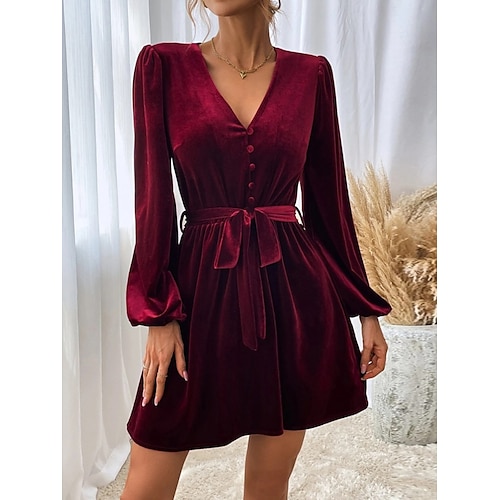 

damen samt formelle kleidung tee formelle kleidung vintage formelle kleidung mini formelle kleidung langarm reine farbe schnüren winter herbst frühling v-ausschnitt mode herbst formelle kleidung