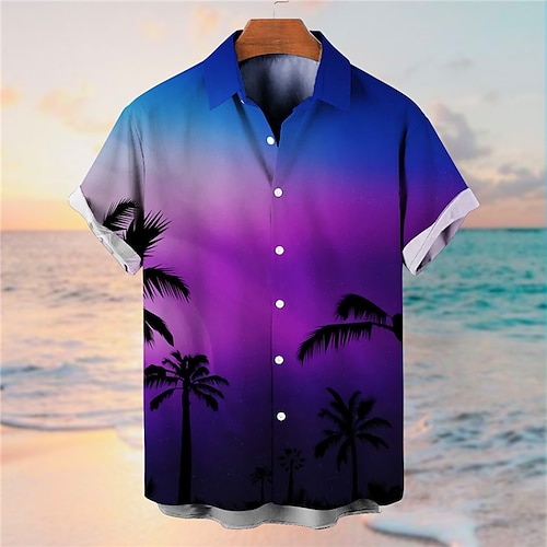

Men's Shirt Coconut Tree Scenery Graphic Prints Turndown Yellow Purple 3D Print Street Daily Short Sleeves Button-Down Print Clothing Apparel Tropical Fashion Designer Hawaiian