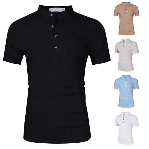 

Men's Shirt Plain Solid Colored Stand Collar KhakiKhaki White Khaki Light Blue Outdoor Street Short Sleeve Button-Down Clothing Apparel Cotton Linen Fashion Casual Breathable Comfortable