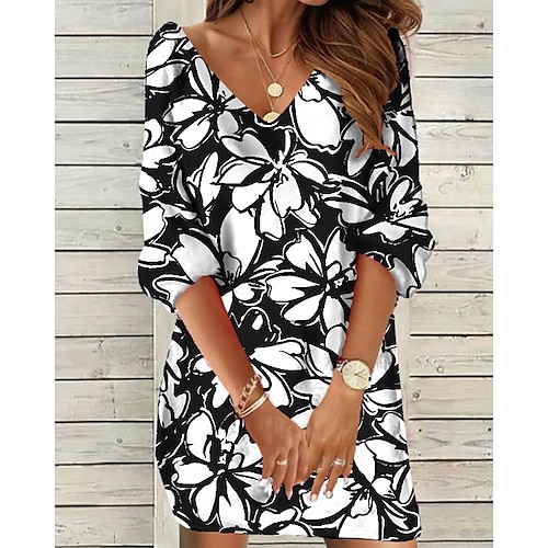 

Women's Sweatshirt Dress Shift Dress Mini Dress Light Yellow Black Light Green 3/4 Length Sleeve Graphic Print Winter Fall Spring V Neck Fashion Vacation Weekend 2022 S M L XL 2XL 3XL