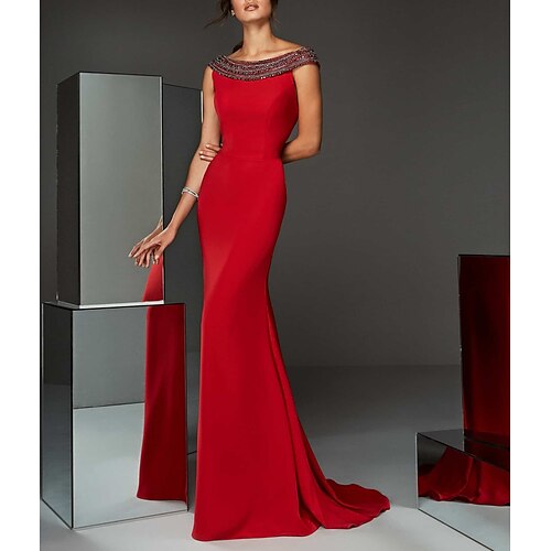 

A sirena Vestiti da sera Maxi Vestito Formale Strascico a terra Senza maniche Con decorazione gioiello Chiffon elasticizzato con Dettagli con cristalli Colore Puro 2023