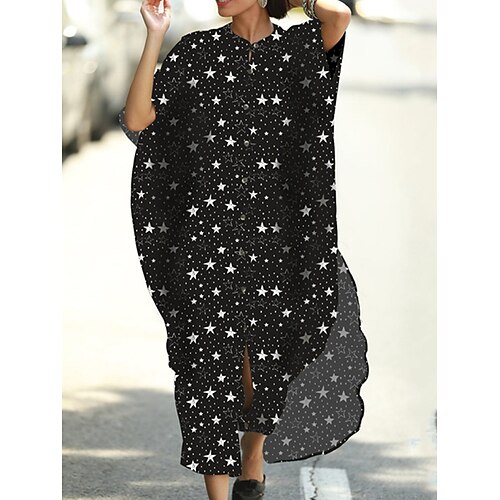 

Women's Casual Dress Shift Dress Sundress Long Dress Maxi Dress Light Yellow Black Navy Blue 3/4 Length Sleeve Leaf Button Winter Fall Spring Stand Collar Fashion Daily 2023 One-Size