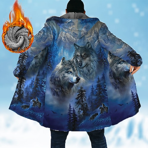 Herr Djur Varg Grafiska tryck Vinterkappa Fleece-jacka Kappa Håller värmen Andningsfunktion Bekväm Mode Streetwear Sport Sport & Utomhus Dagliga kläder Utekväll Dragkedja Ficka Mönster Höst vinter