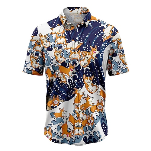 

Men's Shirt Summer Hawaiian Shirt Dog Graphic Prints Waves Turndown Blue Street Casual Short Sleeves Button-Down Print Clothing Apparel Tropical Fashion Hawaiian Designer
