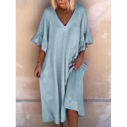 

Women's Casual Dress Shift Dress Midi Dress Red Light Blue Grey 3/4 Length Sleeve Pure Color Ruffle Winter Fall Spring V Neck Fashion Daily Fall Dress Loose Fit 2023 S M L XL