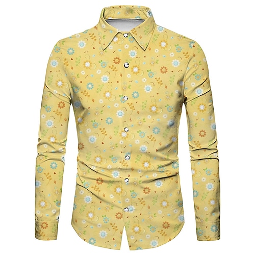 

Men's Shirt Floral Graphic Prints Turndown Yellow Blue 3D Print Outdoor Street Long Sleeve Button-Down Print Clothing Apparel Fashion Designer Casual Soft