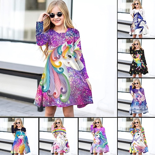 Kids Little Girls' Dress Unicorn Animal A Line Dress Daily Holiday Vacation Print Purple Above Knee Long Sleeve Casual Cute Sweet Dresses Fall Spring Regular Fit 3-12 Years, lightinthebox  - buy with discount
