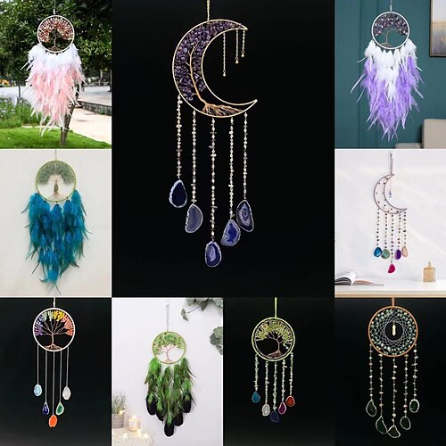 

Life of Tree Dream Catcher Handmade Gift with Feather Wall Hanging Decor Art Wind Chimes Boho Style Car Hanging Home Pendant