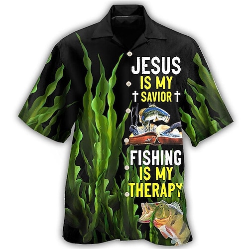 

Men's Shirt Summer Hawaiian Shirt Letter Graphic Prints Fish Turndown Green Casual Holiday Short Sleeve Button-Down Print Clothing Apparel Tropical Fashion Hawaiian Soft