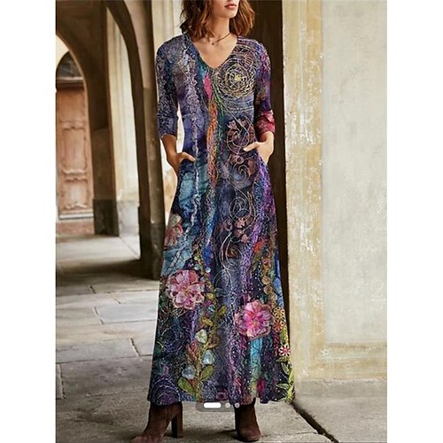 

Women's Casual Dress Sheath Dress Long Dress Maxi Dress Blue 3/4 Length Sleeve Graphic Print Fall Spring Summer V Neck Classic Daily Date Vacation 2022 S M L XL 2XL 3XL
